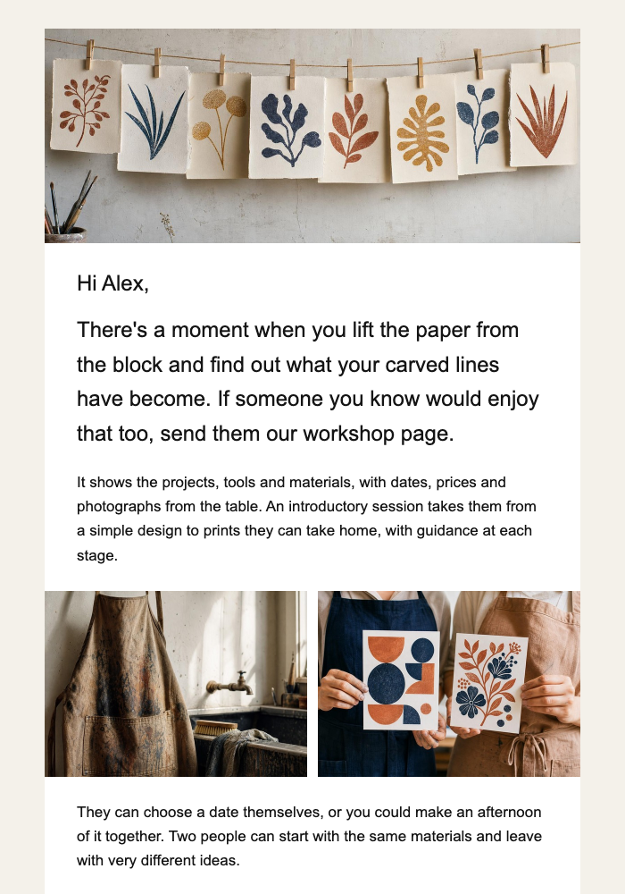 Creative workshop studio · Share the satisfaction of making something email design preview