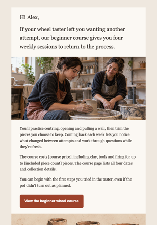 Ceramics studio · Continue after a wheel taster email design preview