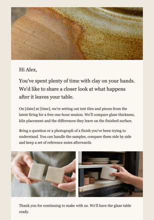 Ceramics studio · Share the kiln story with regular students email design preview