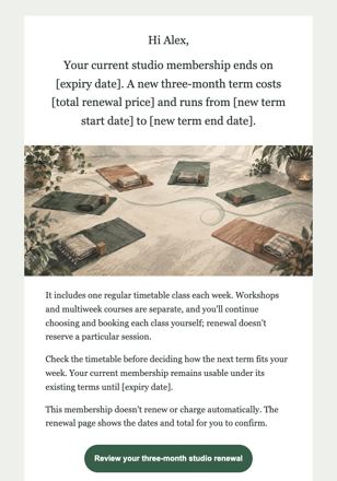 Yoga studio · Renew a fixed-term studio membership email design preview