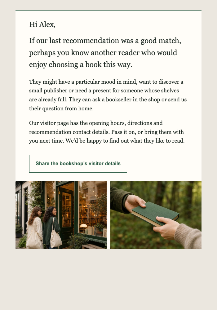 Independent book store · Invite a reader to recommend the shop email design preview