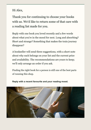 Independent book store · Give a repeat customer personal attention email design preview