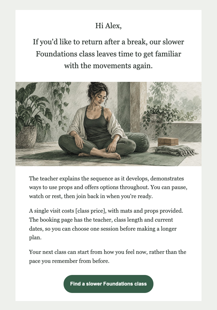 Yoga studio · Welcome a return after a break email design preview