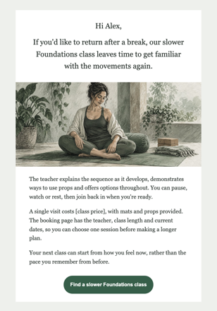 Yoga studio · Welcome a return after a break email design preview