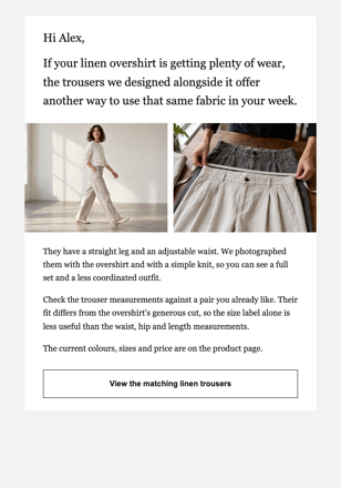 Independent fashion label · Offer a considered companion piece email design preview