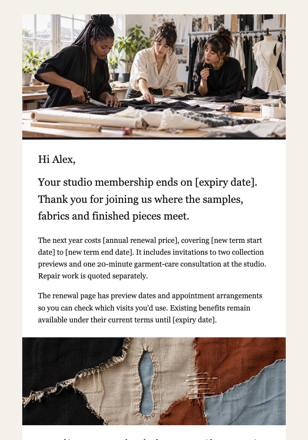 Marca de moda independente · Renove uma associação ao estúdio email design preview