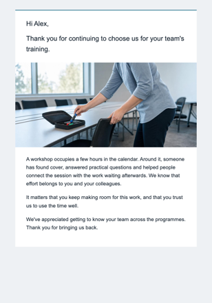 Workplace training · Thank the organiser without asking for more work email design preview