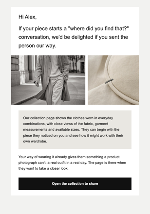Independent fashion label · Turn a compliment into a useful introduction email design preview