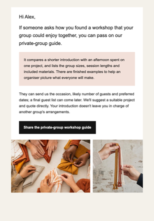 Creative workshop studio · Reach another group organiser email design preview