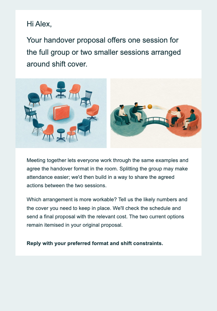 Workplace training · Resolve a practical delivery choice email design preview