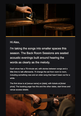 Musician · Open bookings for a small concert series email design preview