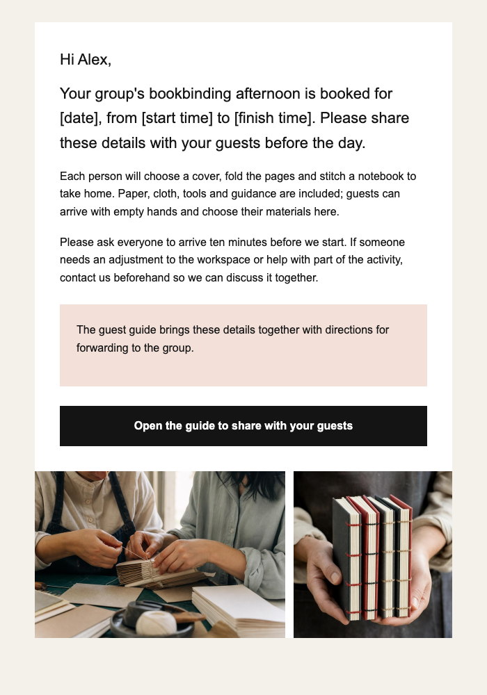 Creative workshop studio · Help a group organiser brief guests email design preview