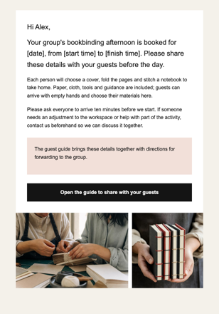 Creative workshop studio · Help a group organiser brief guests email design preview