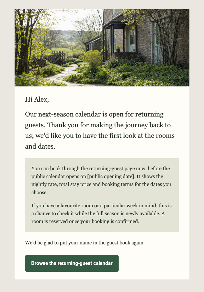 Guest house / bed & breakfast · Offer regular guests first choice of dates email design preview