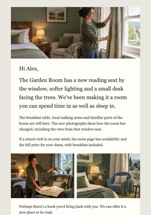 Guest house / bed & breakfast · Reconnect around a newly improved room email design preview