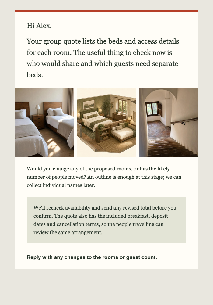 Pousada / cama e café da manhã · Esclarecer uma cotação para estadia em grupo email design preview