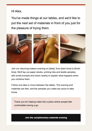 Creative workshop studio · Give repeat makers time to experiment email design preview