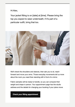 Independent fashion label · Prepare for a fitting appointment email design preview