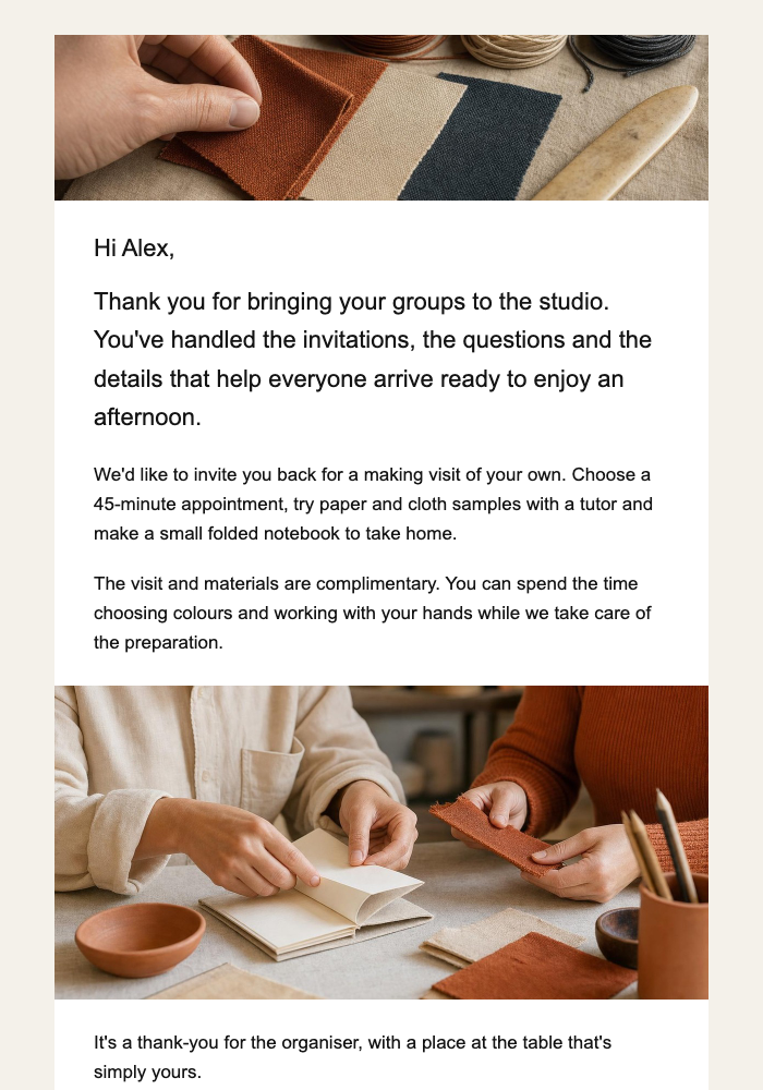 Estúdio de oficinas criativas · Ofereça ao organizador do grupo uma visita para criar só sua email design preview