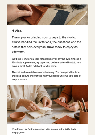 Estúdio de oficinas criativas · Ofereça ao organizador do grupo uma visita para criar só sua email design preview