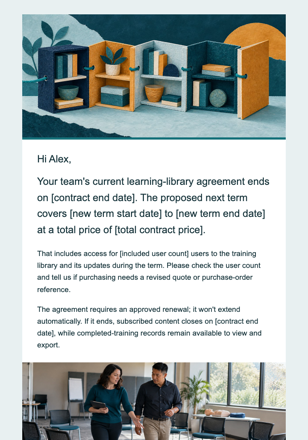 Workplace training · Renew company access to a training library email design preview