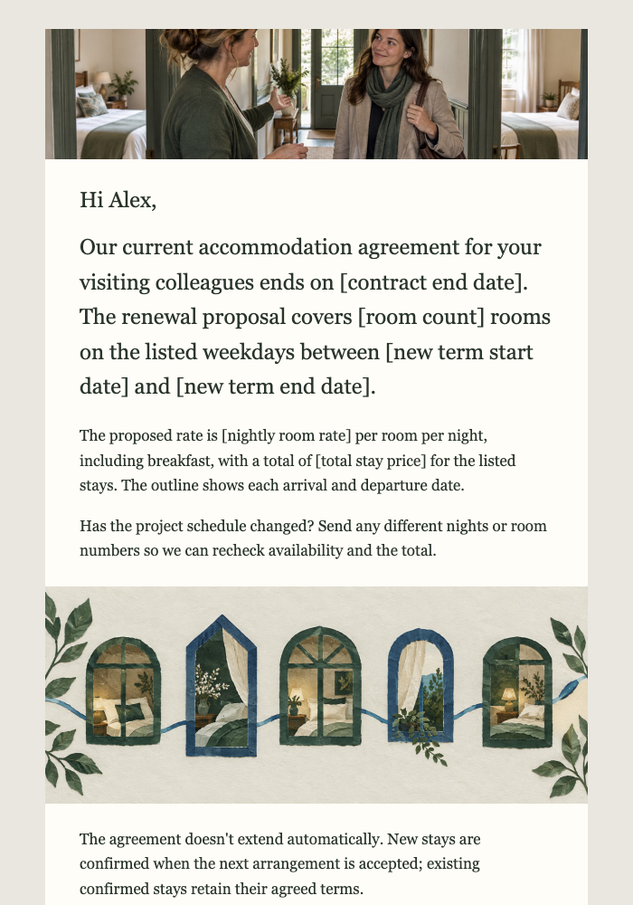 Guest house / bed & breakfast · Renew a company accommodation agreement email design preview