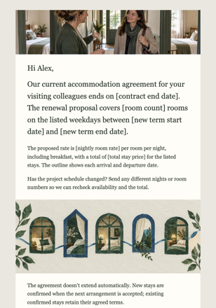 Guest house / bed & breakfast · Renew a company accommodation agreement email design preview