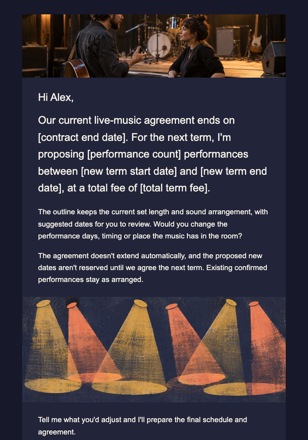 Musician · Extend a live-music residency agreement email design preview