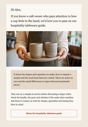 Ceramics studio · Introduce the maker to a hospitality buyer email design preview