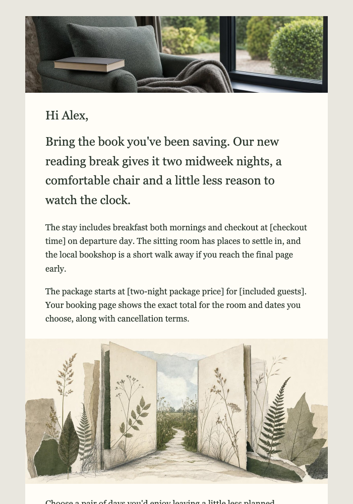 Guest house / bed & breakfast · Launch a midweek reading stay email design preview
