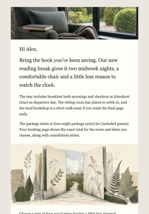 Guest house / bed & breakfast · Launch a midweek reading stay email design preview