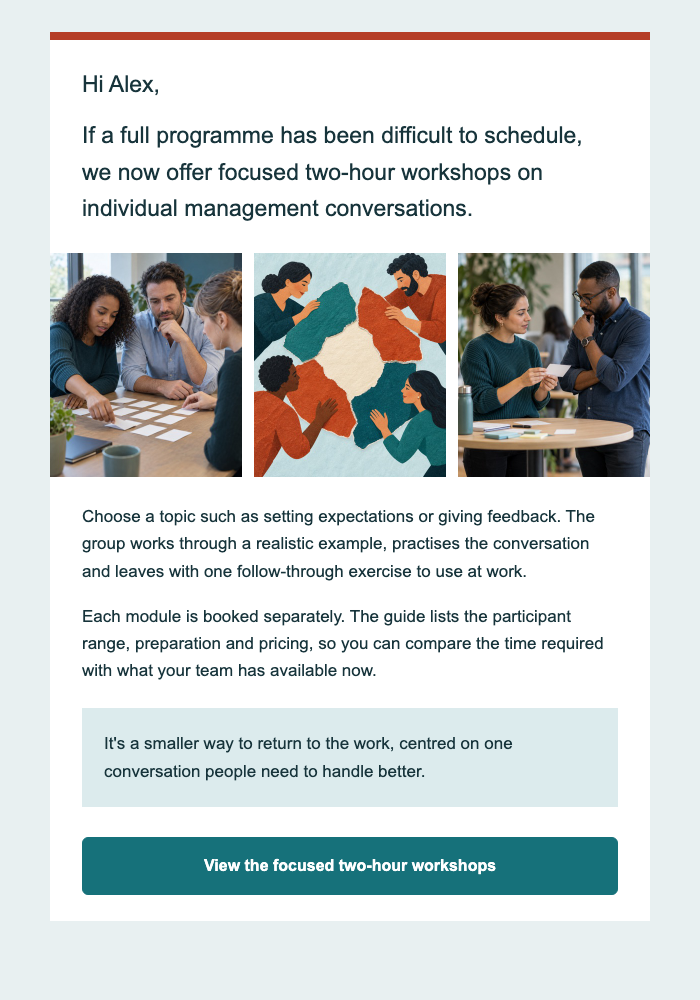 Workplace training · Reconnect with a former client using a smaller format email design preview