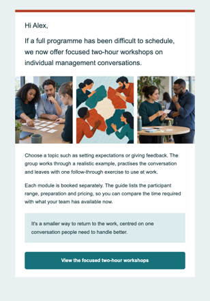 Workplace training · Reconnect with a former client using a smaller format email design preview