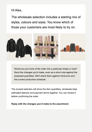 Independent fashion label · Help a boutique assess a wholesale selection email design preview