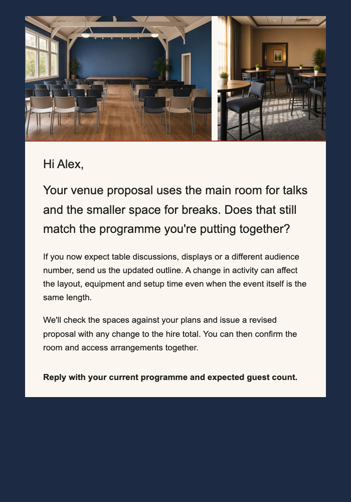 Cultural center · Refine a venue-hire proposal email design preview