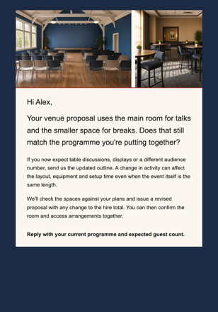 Cultural center · Refine a venue-hire proposal email design preview