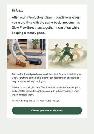 Yoga studio · Offer a next class after an introduction email design preview