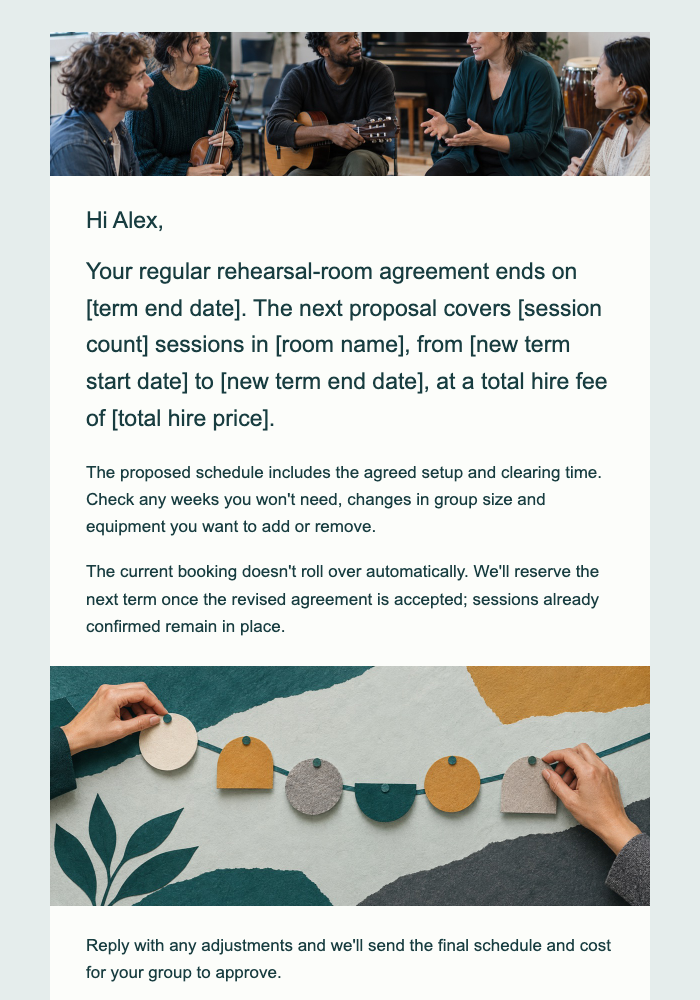 Cultural center · Renew a regular rehearsal-room agreement email design preview