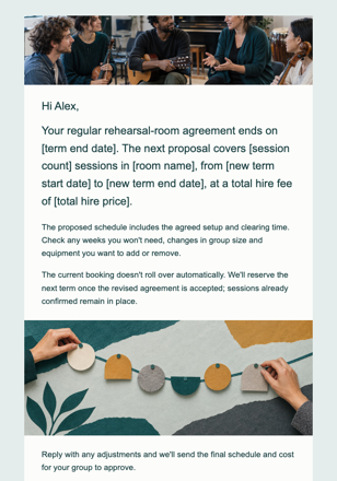 Cultural center · Renew a regular rehearsal-room agreement email design preview