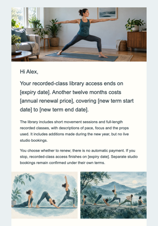 Yoga studio · Renew an online practice library email design preview