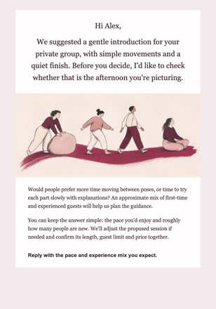Yoga studio · Refine a private-group yoga booking email design preview