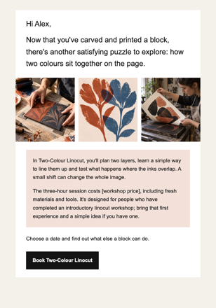 Creative workshop studio · Build on a first printmaking workshop email design preview