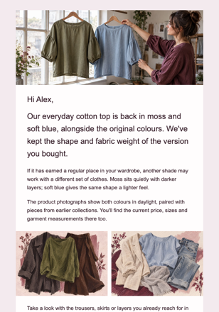 Independent fashion label · Reorder a proven wardrobe staple email design preview