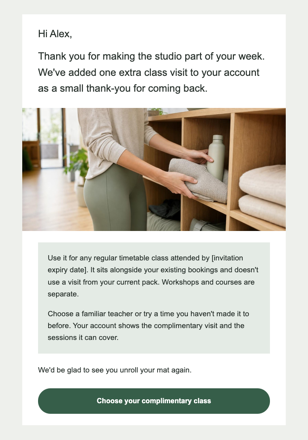 Estúdio de yoga · Ofereça uma aula só para um aluno habitual email design preview