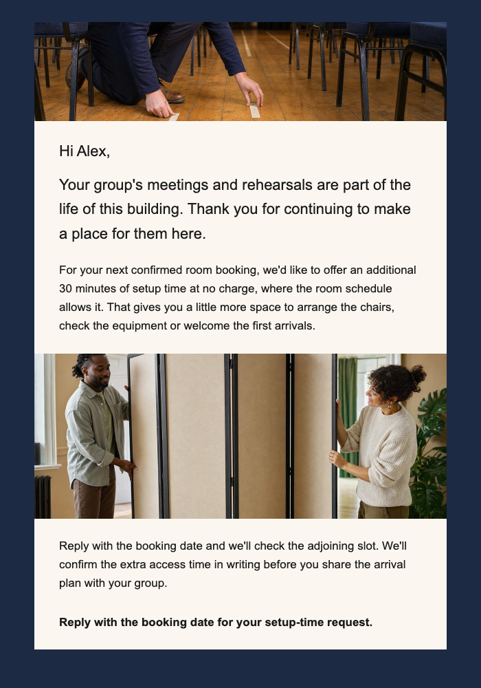 Cultural center · Offer a regular group additional setup time email design preview