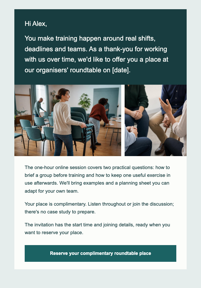 Workplace training · Thank the people who make training happen email design preview