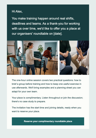 Workplace training · Thank the people who make training happen email design preview