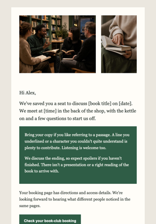 Independent book store · Welcome a first book-club booking email design preview