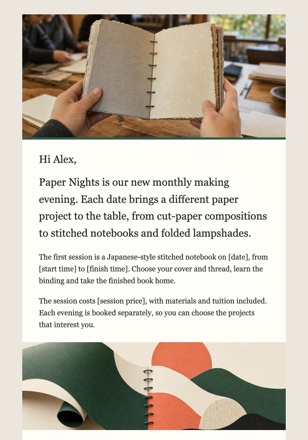 Creative workshop studio · Introduce a recurring creative evening email design preview