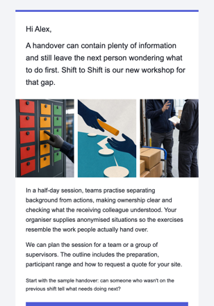 Treinamento corporativo · Lance um treinamento para passagens de turno email design preview